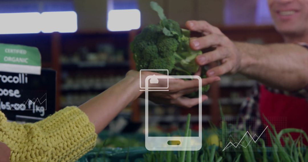 Hands Holding Broccoli at Grocery Store with Technology Interface