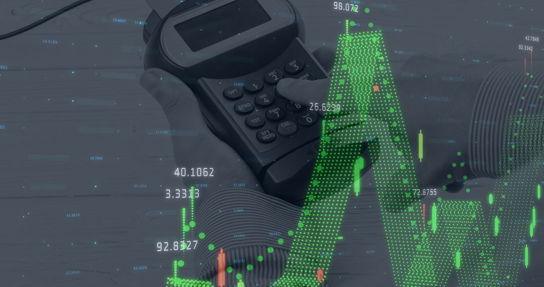 Caucasian Man Holding Terminal with Digital Financial Overlay