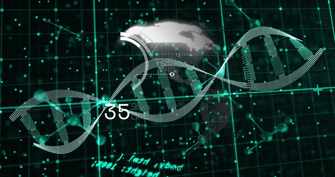 Futuristic DNA Strand with Data Processing and Global Network Graphics