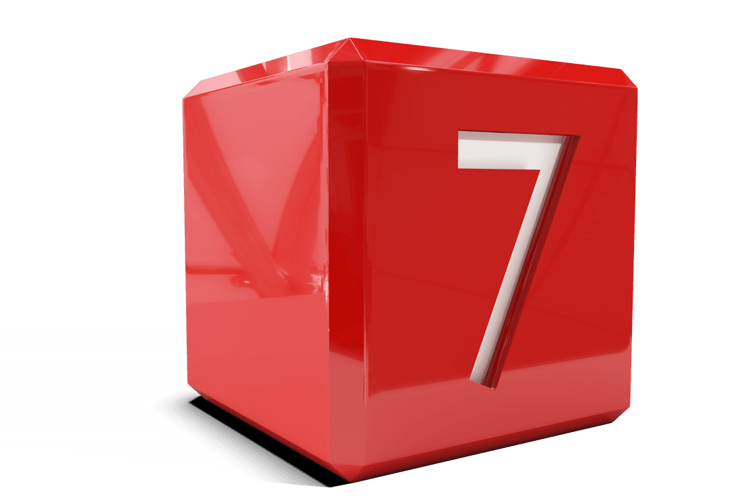 Red 3D Cube with Number 7 on Transparent Background
