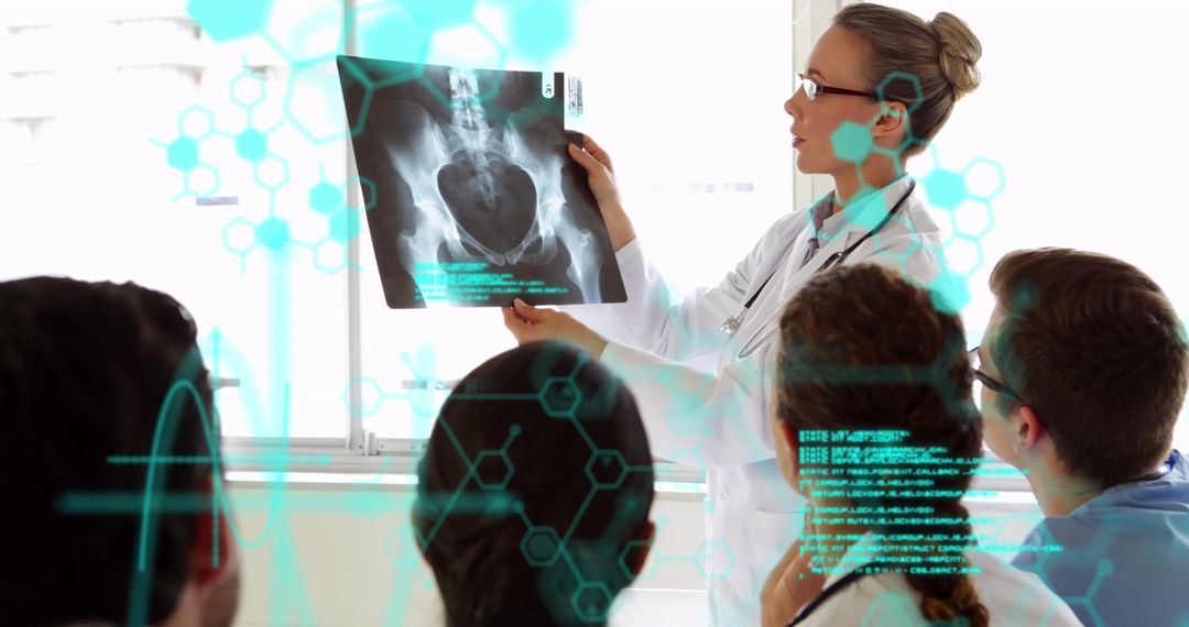 Medical Professionals Analyzing X-Ray with Data Overlays
