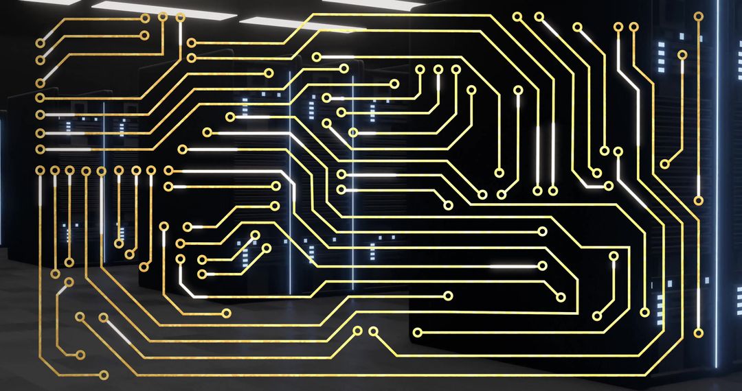 Futuristic Gold Circuitry Overlay on Server Racks in Data Center