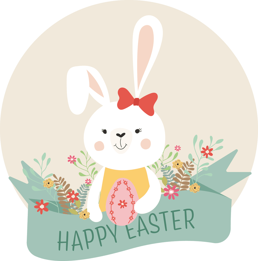 Happy Easter Bunny with Floral Accents on Transparent Background