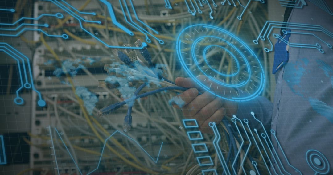 Man Hand Holding Ethernet Cables in Server Room with Digital Circuit Overlay