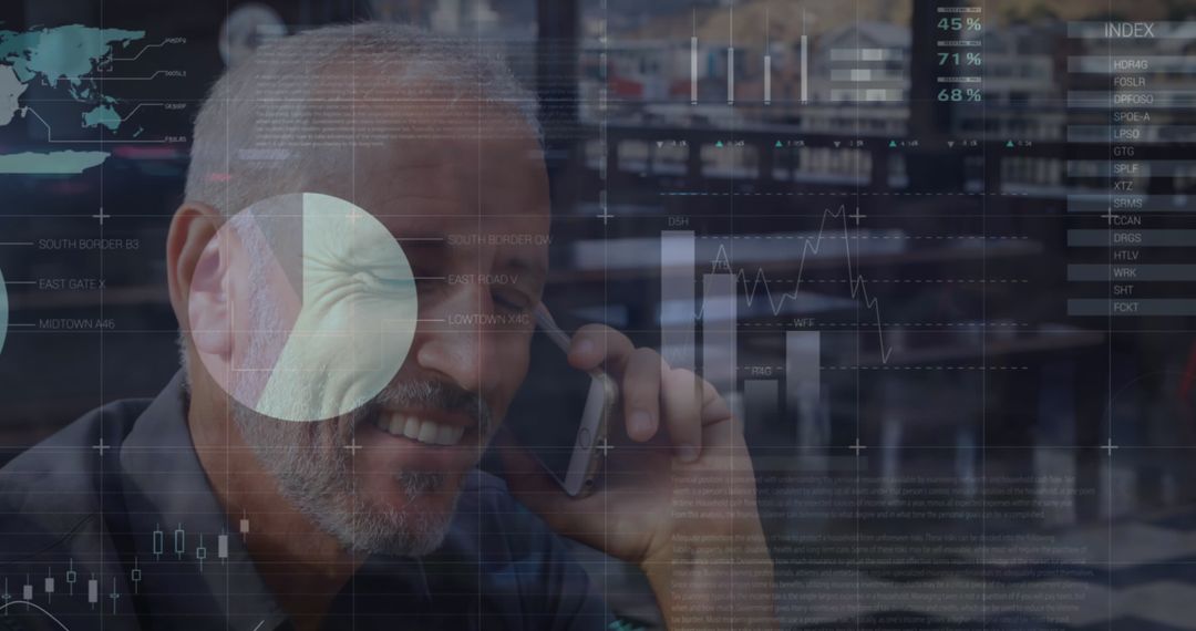 Senior Man Using Smartphone, Analyzing Global Business Data in Cafe