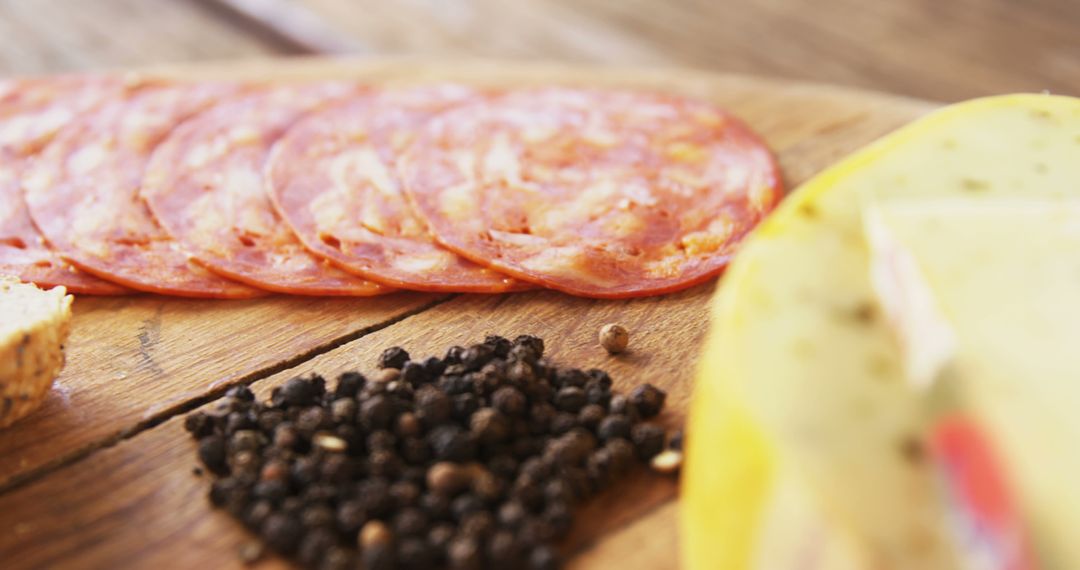 Sliced Pepperoni With Cheese and Peppercorns on Wooden Board - Free Images, Stock Photos and Pictures on Pikwizard.com