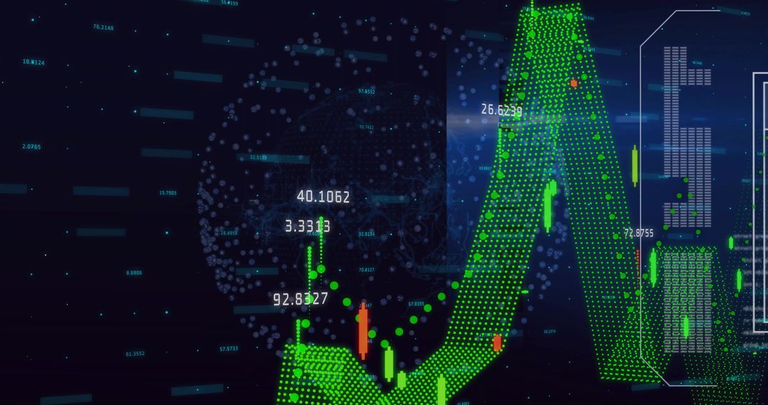 Displaying green 3D dotted market curve and candlestick trading dashboard
