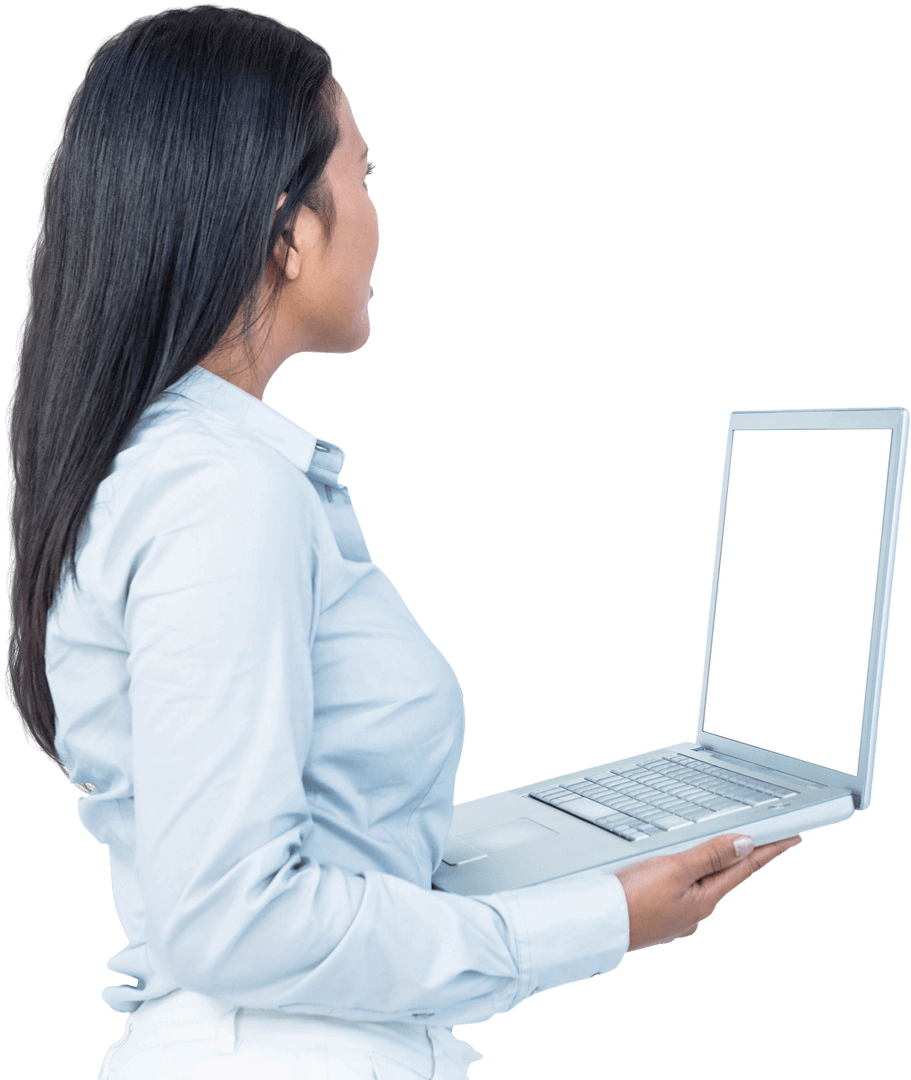 Smiling Professional Woman Using Transparent Laptop