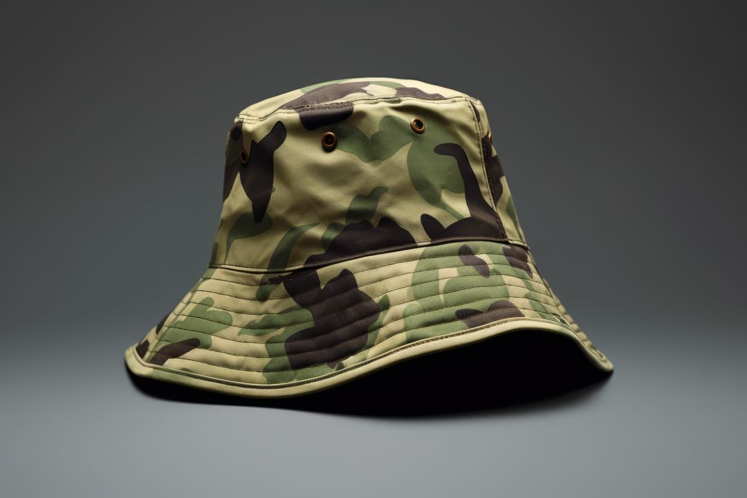 Bucket hat with camouflage colours on grey background, created using generative ai technology - Free Images, Stock Photos and Pictures on Pikwizard.com
