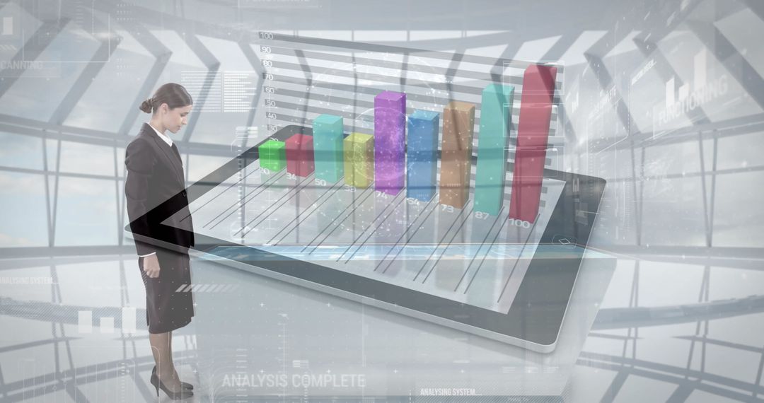 Businesswoman Analyzing 3D Bar Chart on Tablet in Futuristic Atrium