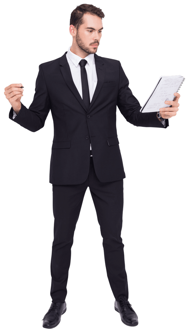 Transparent Businessman Analyzing Notes in a Professional Suit