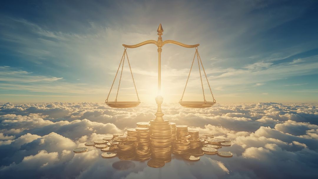 Symbolic Balance Scale with Gold Coins Floating Among Clouds