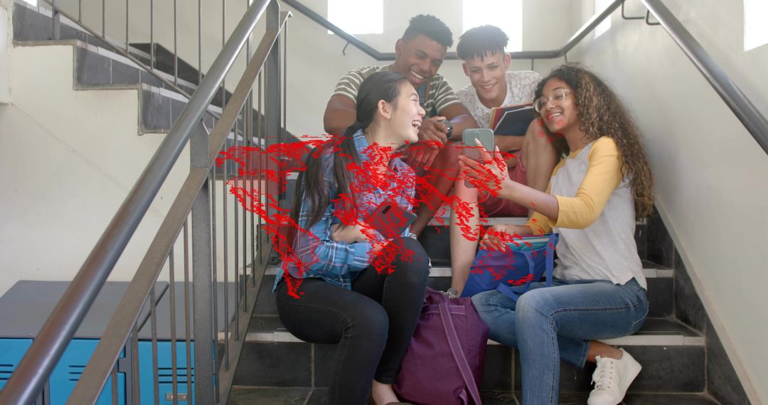 Smiling Chinese teen leaning in sharing smartphone and tablet on school stairs with purple backpack