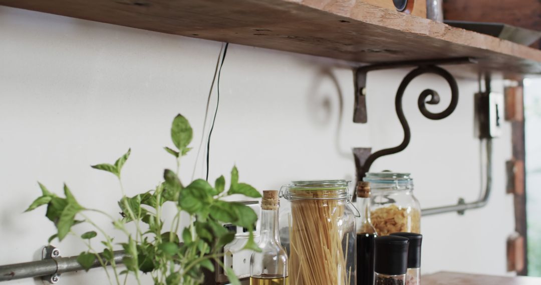 Rustic Kitchen Shelving with Pantry Jars and Herbs - Free Images, Stock Photos and Pictures on Pikwizard.com