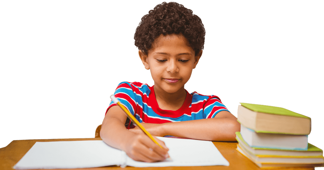 Happy Biracial Boy Writing Notebook Transparent Background