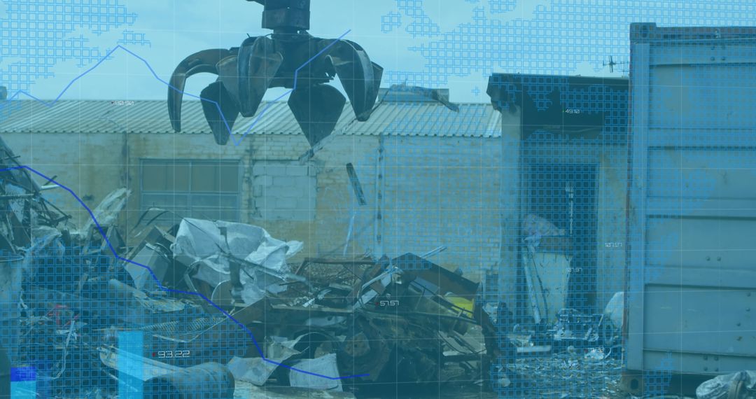 Financial Graph Overlaid on Automated Recycling Junkyard Scene