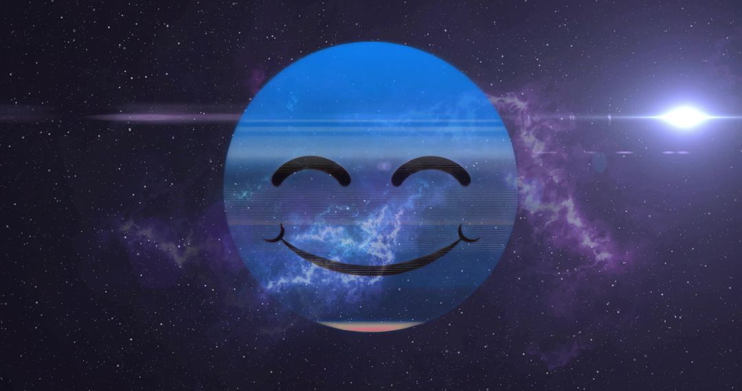 Smiling Blue Emoticon in Cosmic Nebula with Starry Background