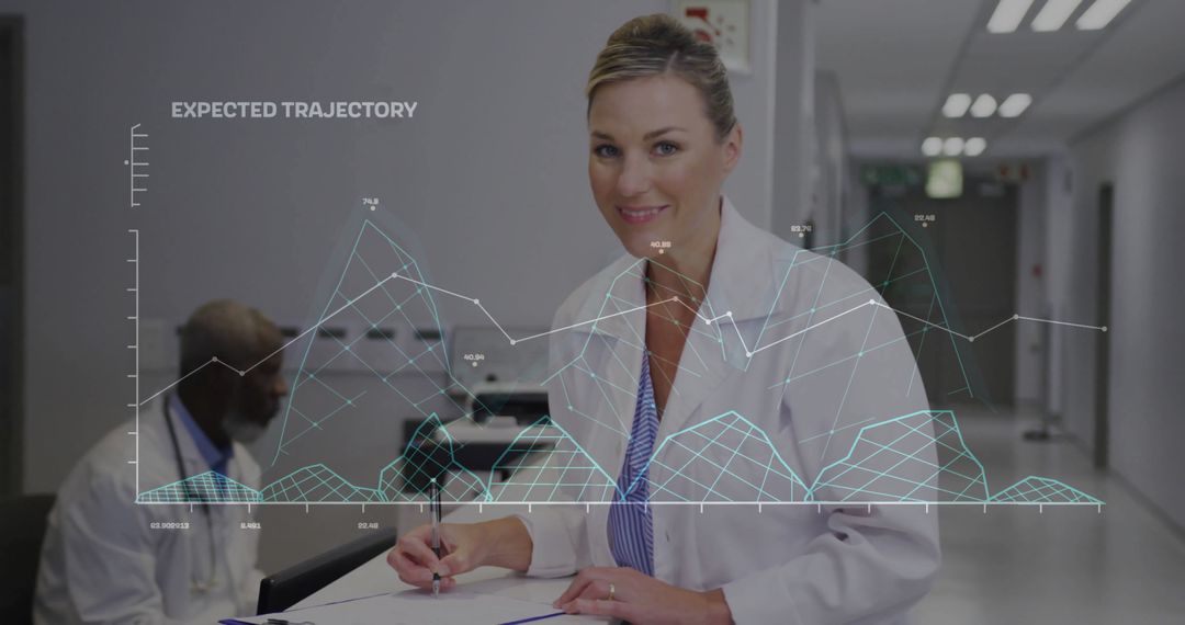 Writing Female Doctor with Medical Data Overlays in Hospital Corridor