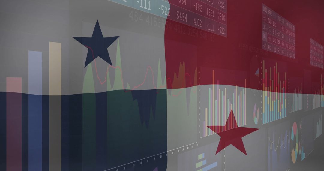 Panama Flag Overlaid on Stock Market Data Analysis Visualization