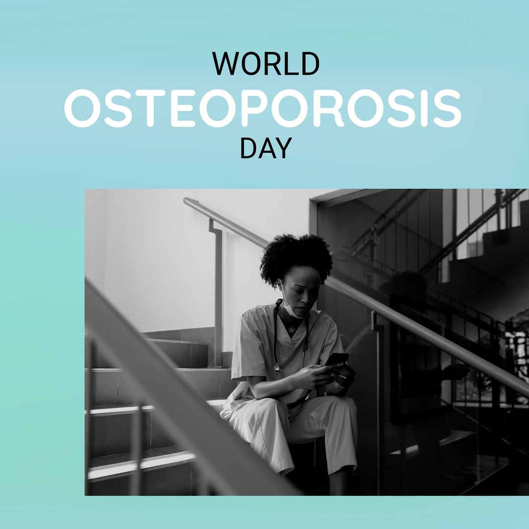 World Osteoporosis Day with Doctor Using Phone on Staircase
