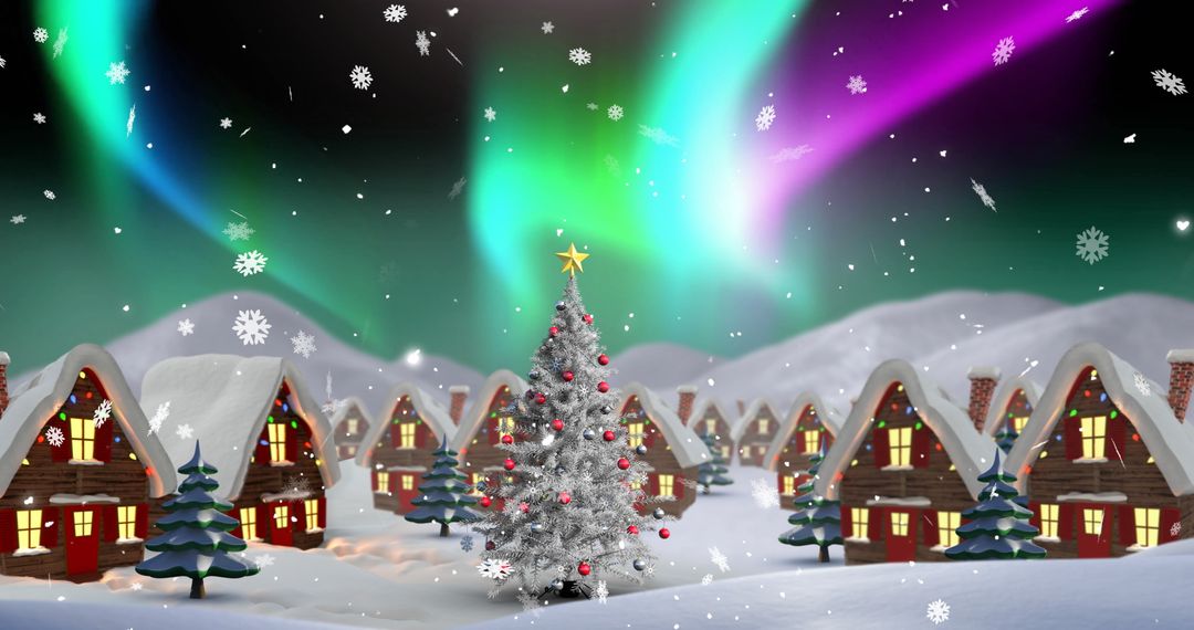 Magical Christmas Village Under Aurora Borealis with Snowfall