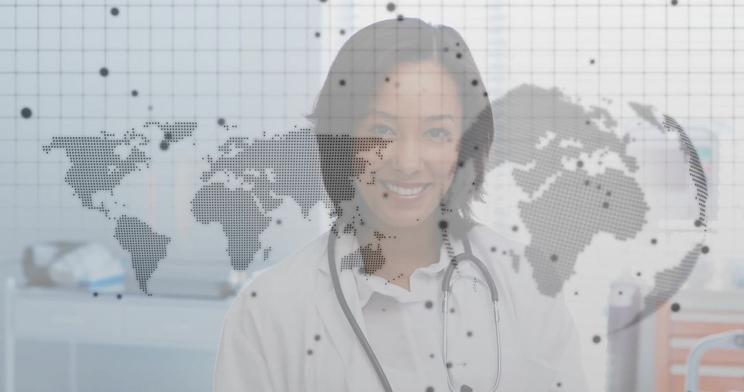 Female Doctor with World Map Overlay Representing Global Health Tech