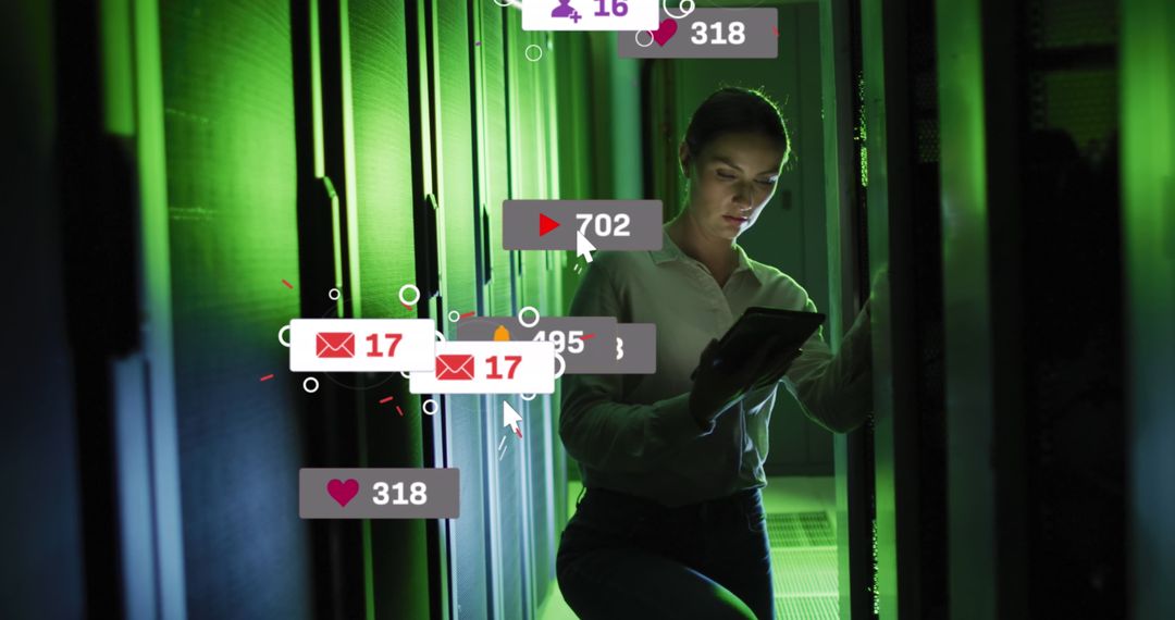 IT Technician Managing Server with Social Media Data Overlays