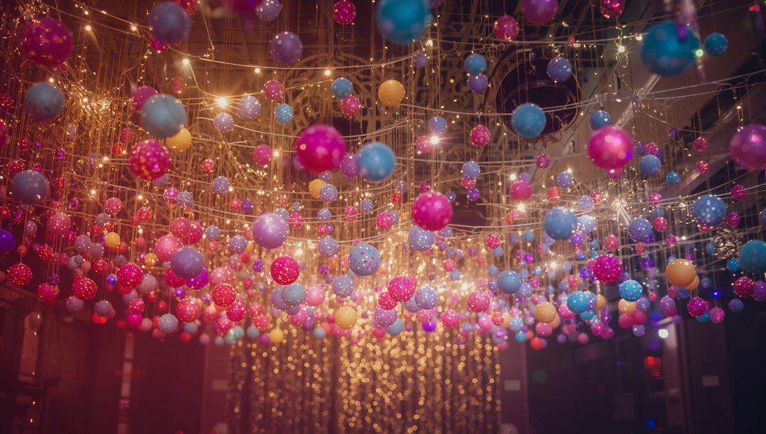 Vibrant Hanging Ornaments with Twinkling String Lights at Party Gallery