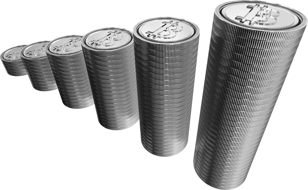 Transparent Stacks of Silver Bitcoins on Isolated Background