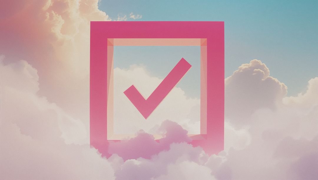 3D Pink Check Mark in Pastel Cloudscape symbolizing Achievement