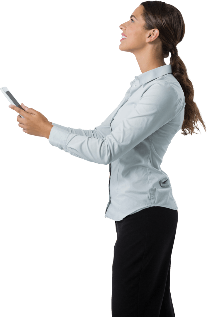 Professional Smiling Executive Using Transparent Digital Tablet