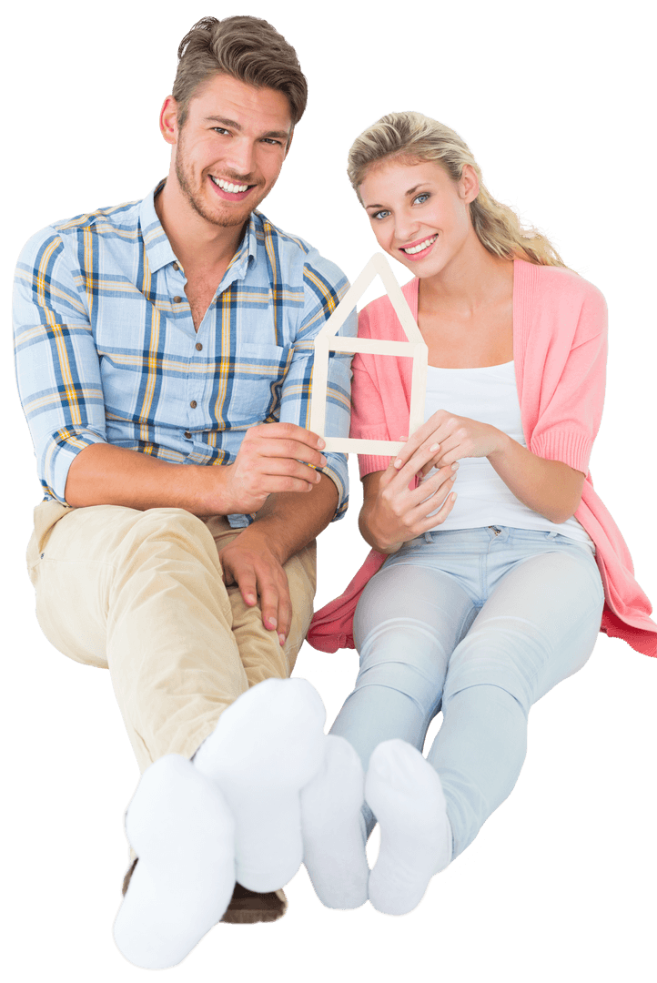 Couple Holding Transparent House Symbol Smiling Happily