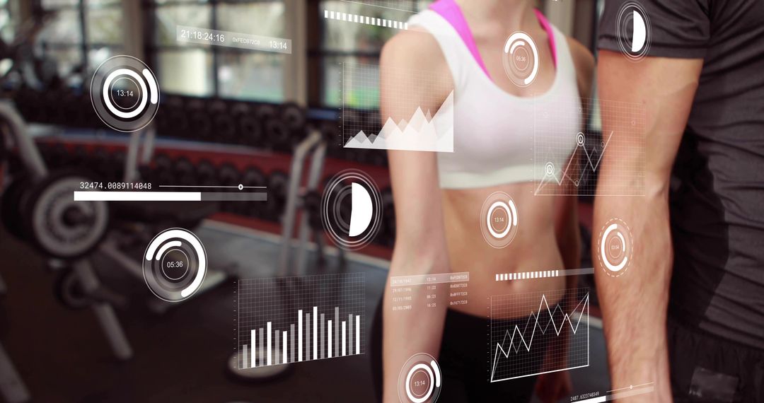 Couple training with augmented fitness HUD overlay in gym showing performance dashboards