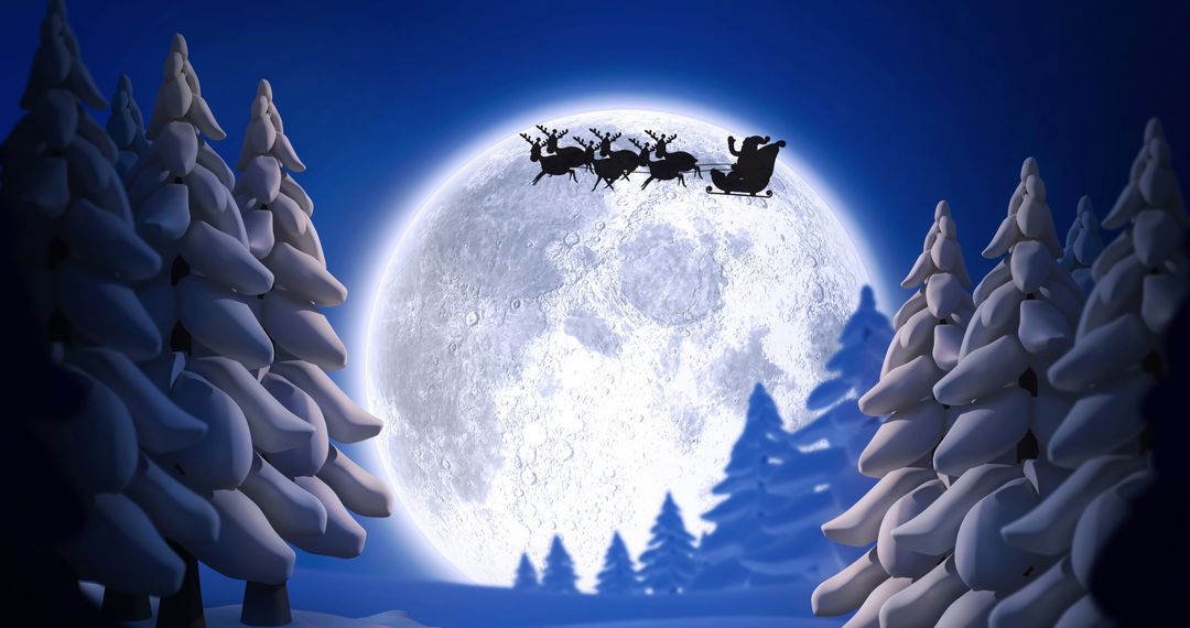 Santa's Sleigh and Reindeer Silhouette Against Full Moon - Free Images, Stock Photos and Pictures on Pikwizard.com