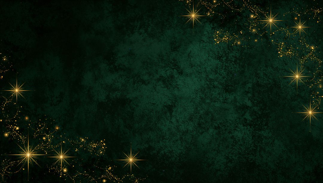 Emerald green textured background with gold starbursts and glittery corner frame