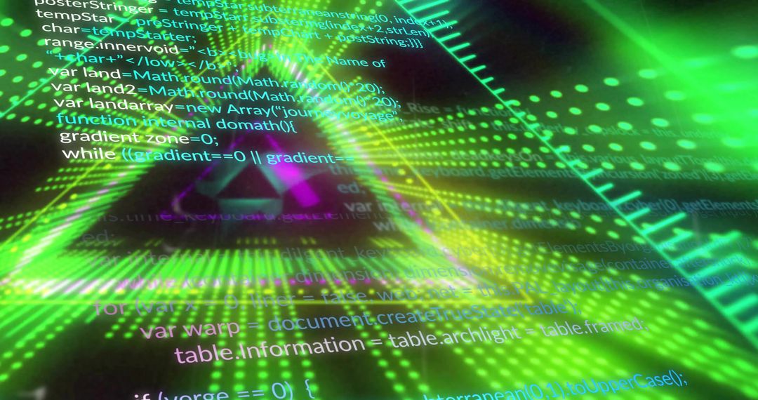 Pulsing Neon Green Triangular Tunnel Visualizing Code in Futuristic HUD Interface