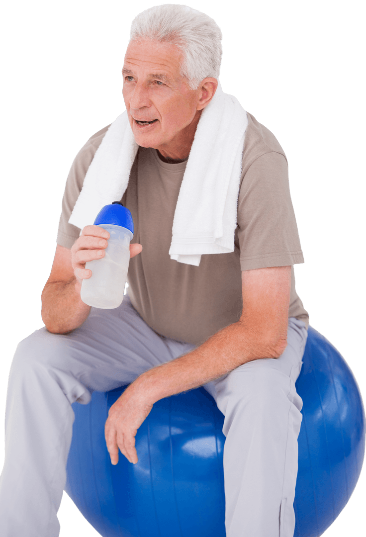 Senior Man Resting on Exercise Ball with Transparent Background