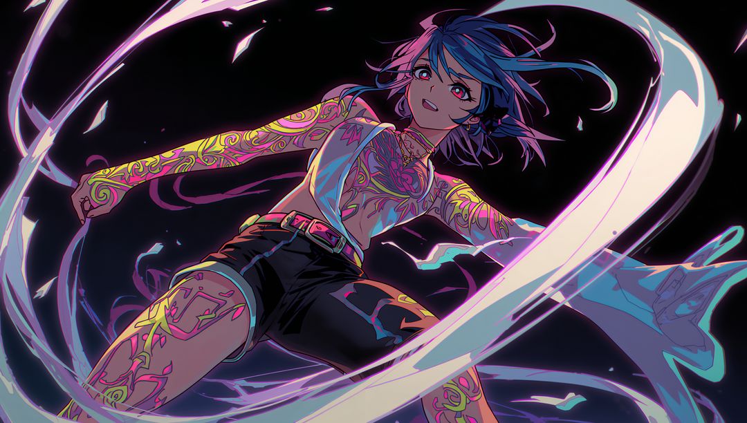 Fantasy Anime Mage with Glowing Tattoos in Cyberpunk Setting