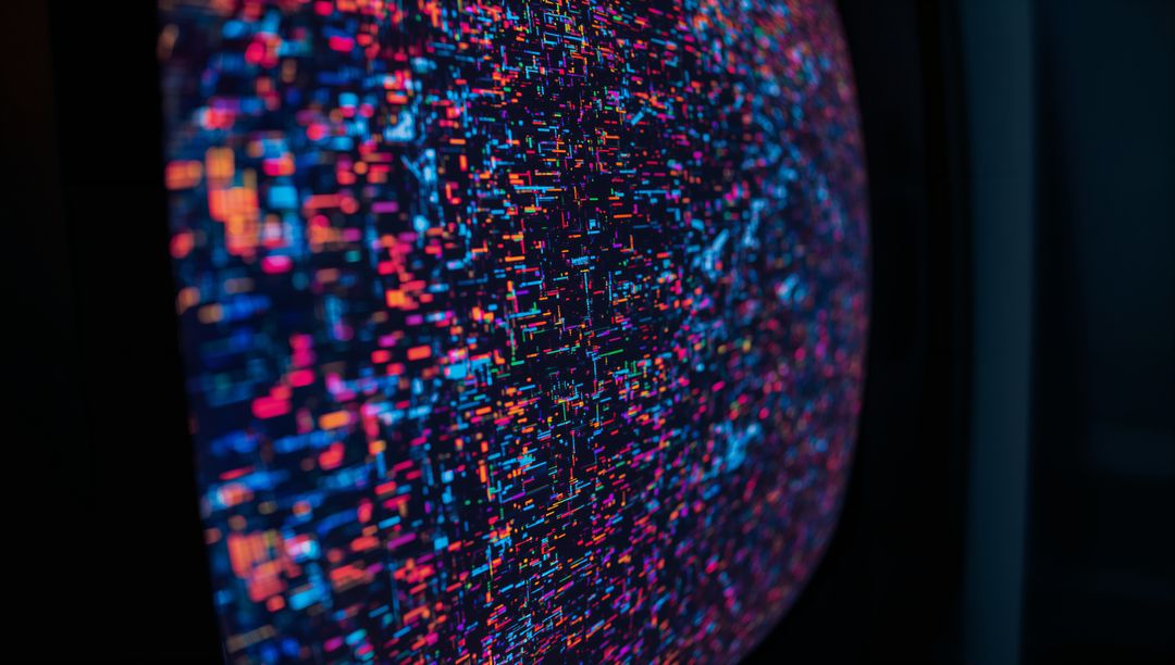 Vivid Abstract Pixels on Curved LED Screen in Dimly Lit Tech Lab