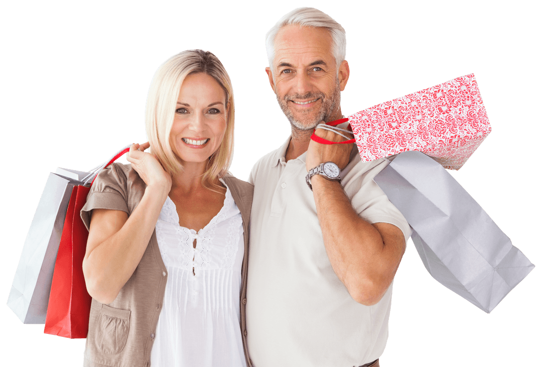 Happy Couple Smiling with Shopping Bags on Transparent Background