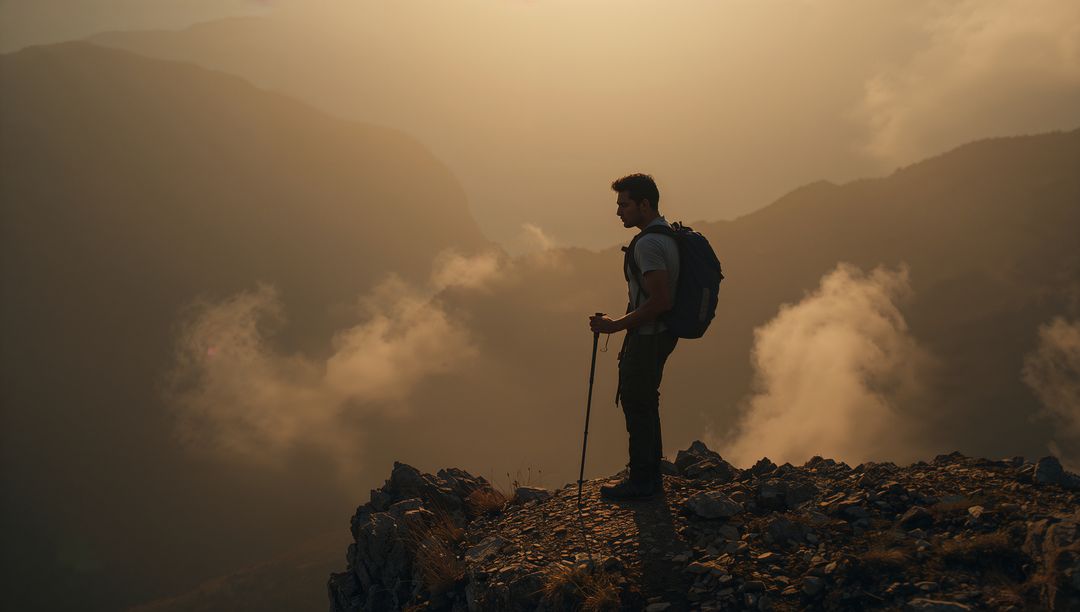 Standing Hiker on Rocky Ridge at Golden Hour Overlooking Misty Valley and Cliff