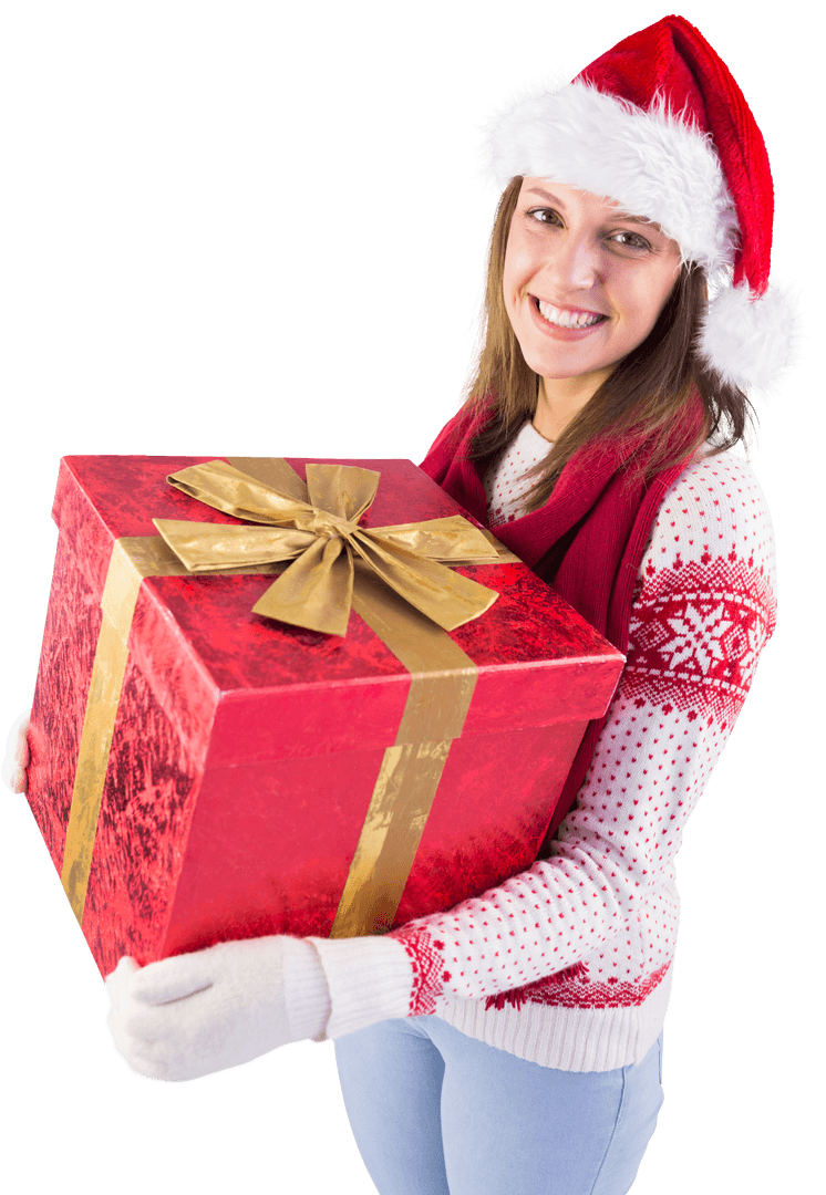 Smiling Woman with Transparent Background Holding Festive Gift