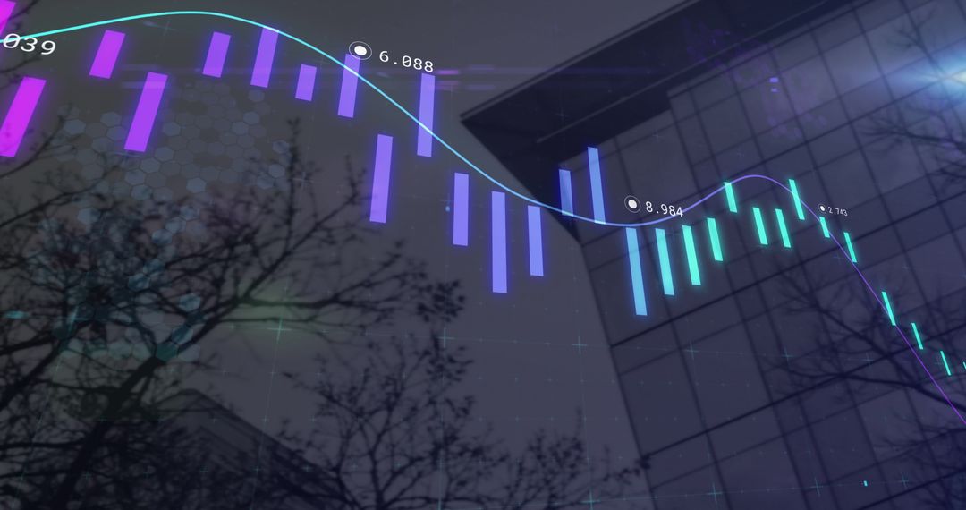 Digital Financial Graphs Projected on Modern Cityscape