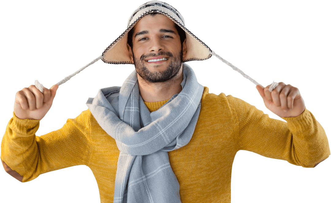 Smiling Man Pulling Down Brim of Cozy Wool Hat on Transparent Background