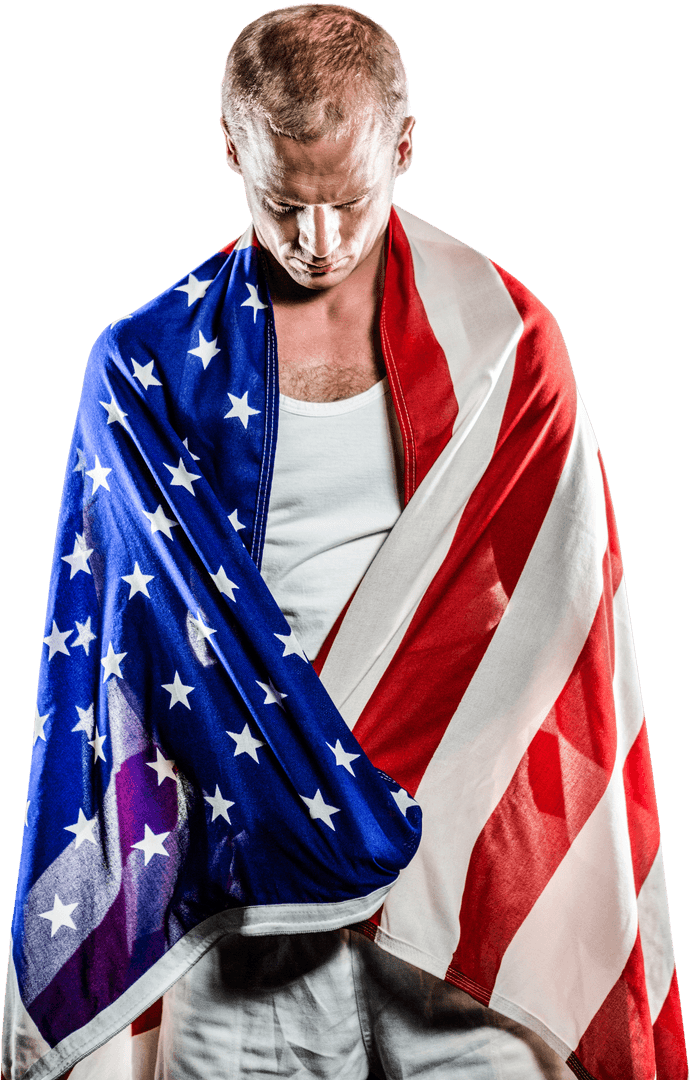Thoughtful Man Wrapped in USA Flag Showcasing Patriotism Transparent