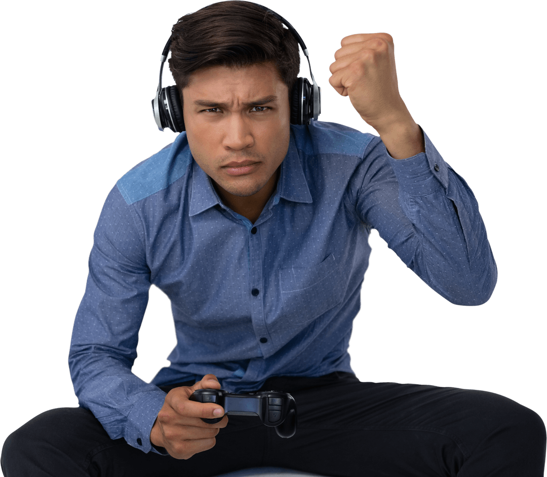 Confident Young Businessman Playing Online Game with Determination Transparent