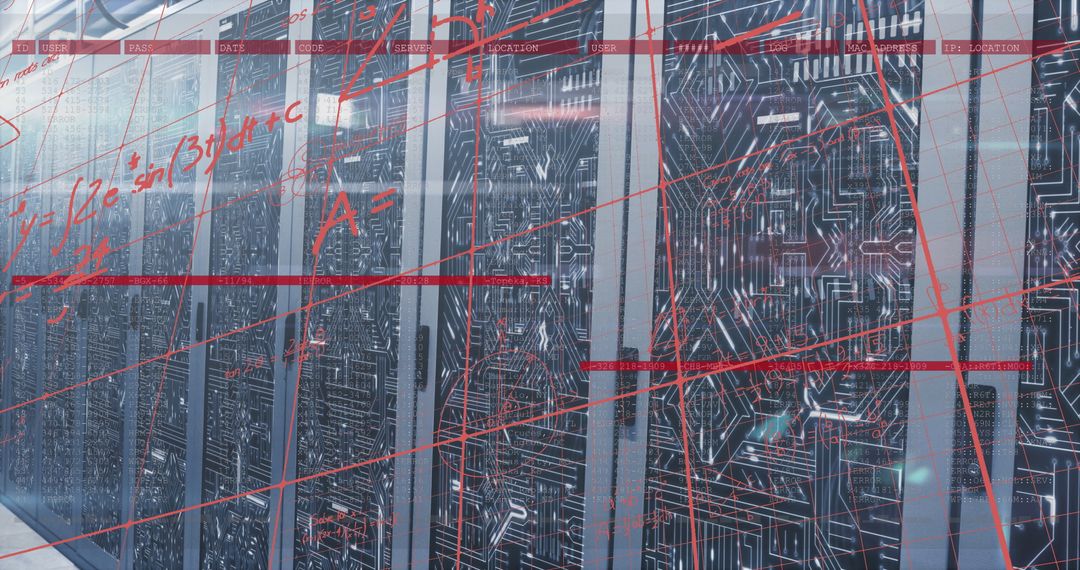 Data Center Server Racks with Digital Circuits and LED Lights