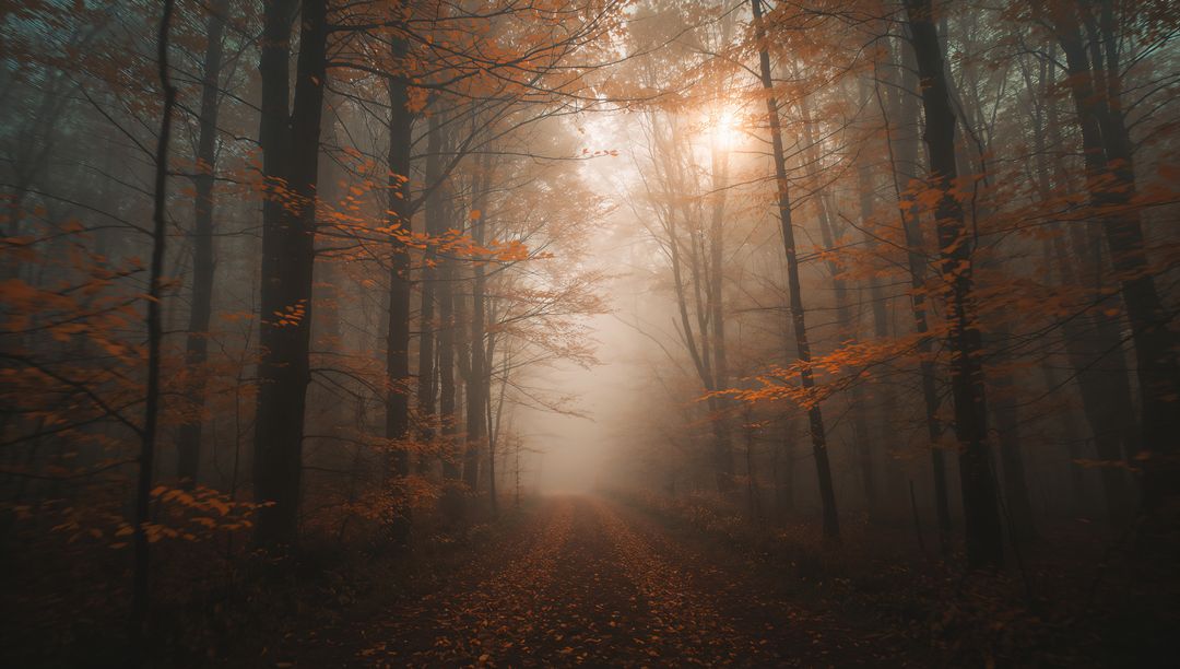 Misty Autumn Forest Path with Gentle Sunlight