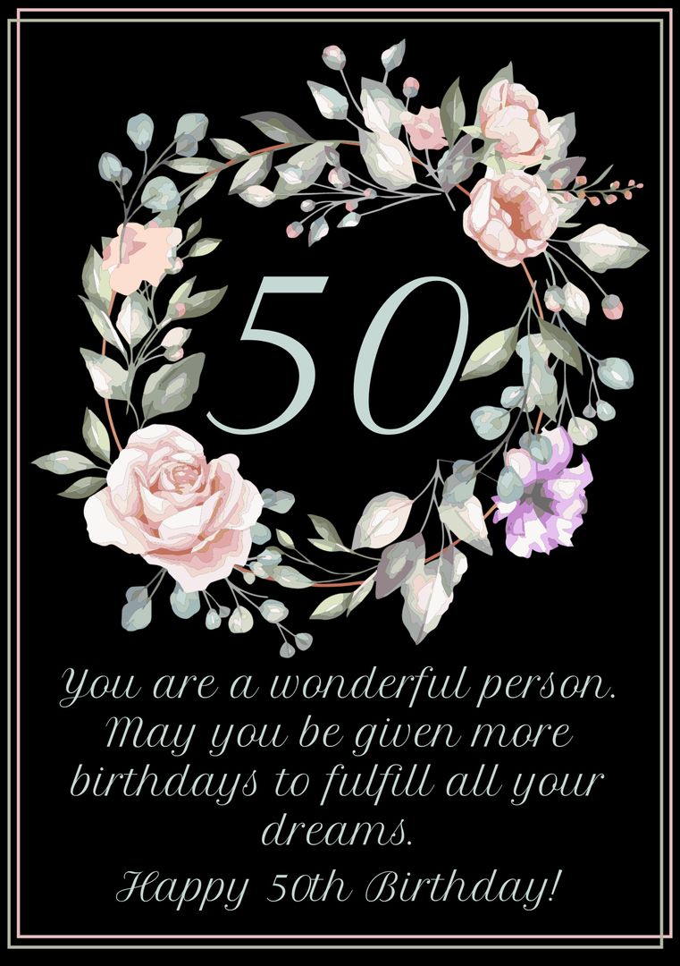 Elegant 50th Birthday Floral Wreath on Black Background - Download Free Stock Templates Pikwizard.com