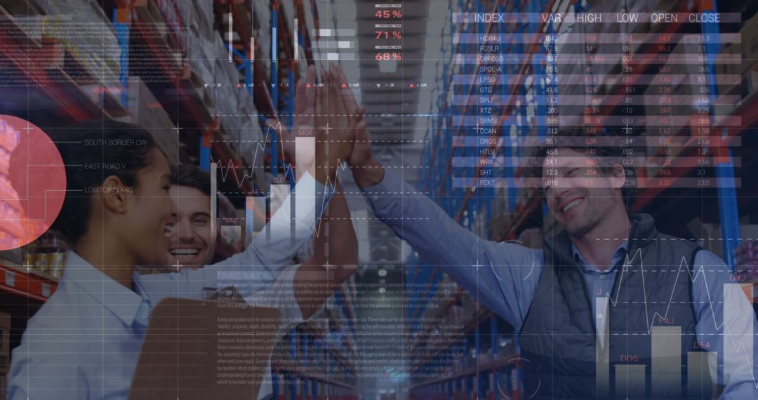 Warehouse Team Success with Data Visualization Overlay